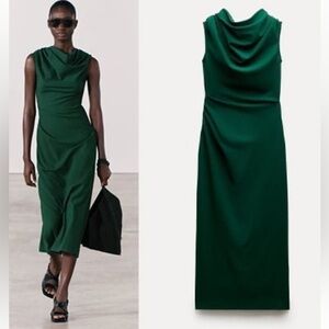 NWT ZARA Draped Sheath Dress - Deep Green ZW collection Size Small